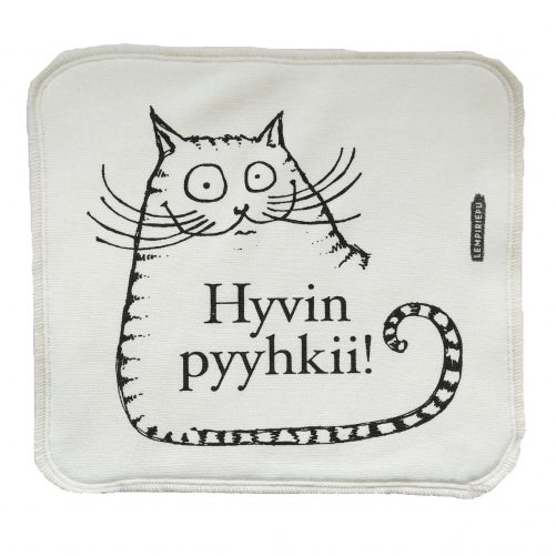 "Hyvin pyyhkii!" -kuosi, luonnonvalkoinen liina.
