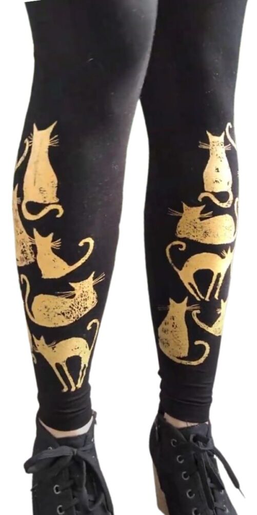 Kissa-leggingsit, musta, kuparin sävyinen painatus